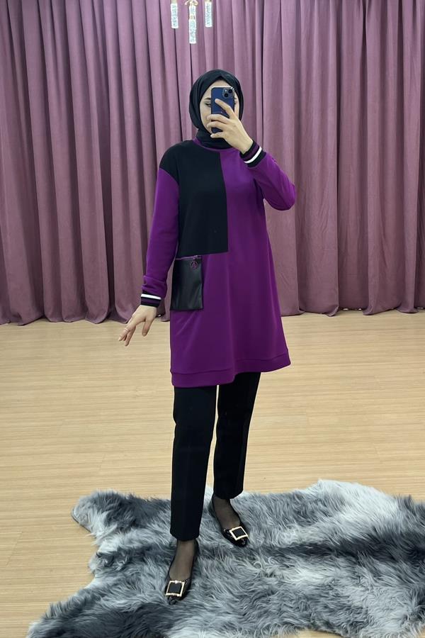 armine430-tunik-1747.jpg ARMİNE TREND Kolları Ribanalı Deri Cep Detaylı Sendi Kumaş Tunik - Görsel 1