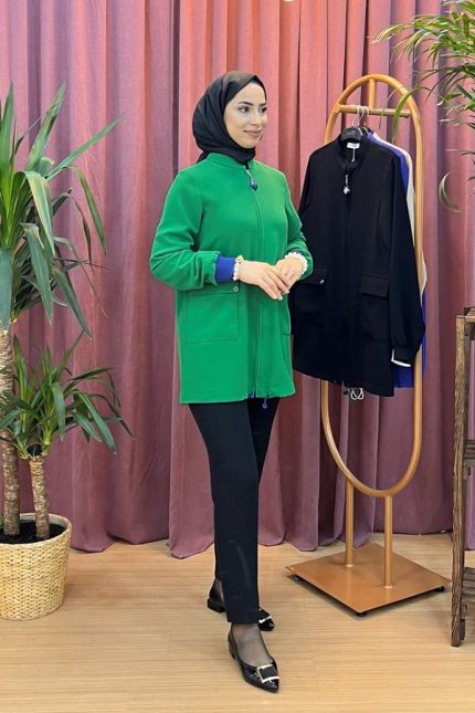 ARMİNE TREND 534 Kolları Ribanalı Etek Ucu Lastikli Tunik Yeşil
