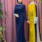 COOL 3057 krep kolları ve yakası taşlı abiye