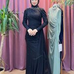 HENNİN 4847 tül taş işlemeli drapeli elbise