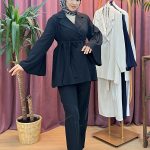 AHEL 6520 pliseli geniş kollu blazer ceket takım