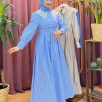 FELEMEZ 1799 yaka detaylı terikoton çizgili elbise