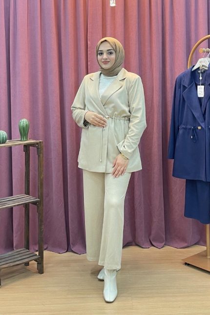 OTTO 7372 Bağcık Detaylı Ceket Pantolon Örme Kupra Takım