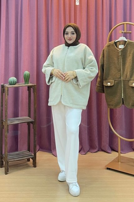 AHEL 8031 Cep Detaylı Kıvırcık Kaşe Ceket