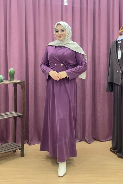 İkol 6059 Kruvaze Yaka Kuşaklı Jile Elbise