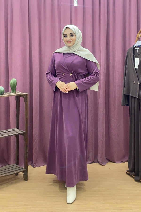 ikol6059-elbise-6546.jpg İkol 6059 Kruvaze Yaka Kuşaklı Jile Elbise - Görsel 1