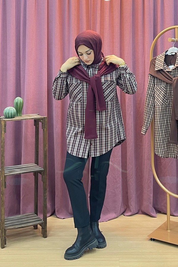 puane0745-gomlek-6532.jpg PUANE 745 Ekose Omuzları Sweat Detaylı Gömlek - Görsel 1